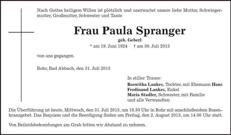 Traueranzeige Paula Spranger