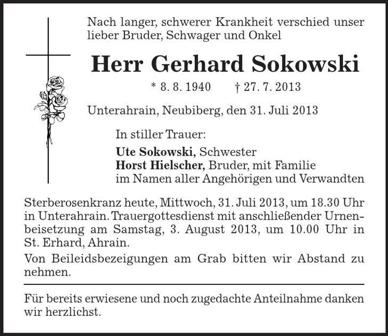 Traueranzeige Gerhard Sokowski