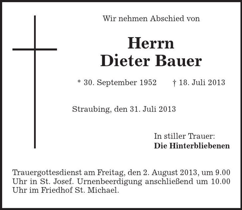 Traueranzeige Dieter Bauer