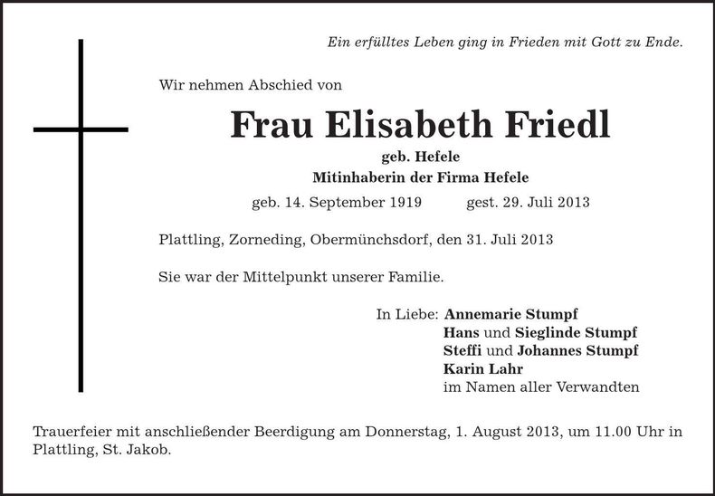 Traueranzeige Elisabeth Friedl