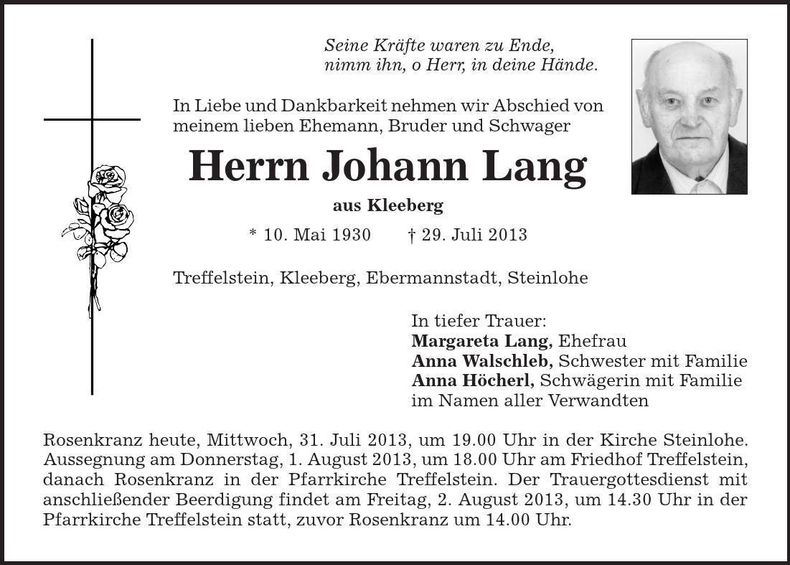 Traueranzeige Johann Lang