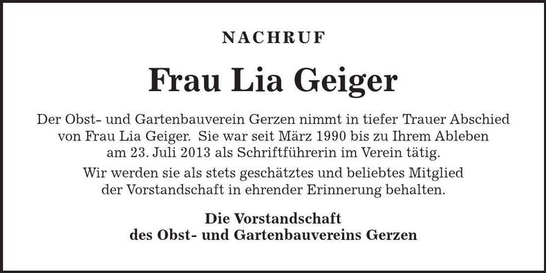 Traueranzeige Lia Geiger