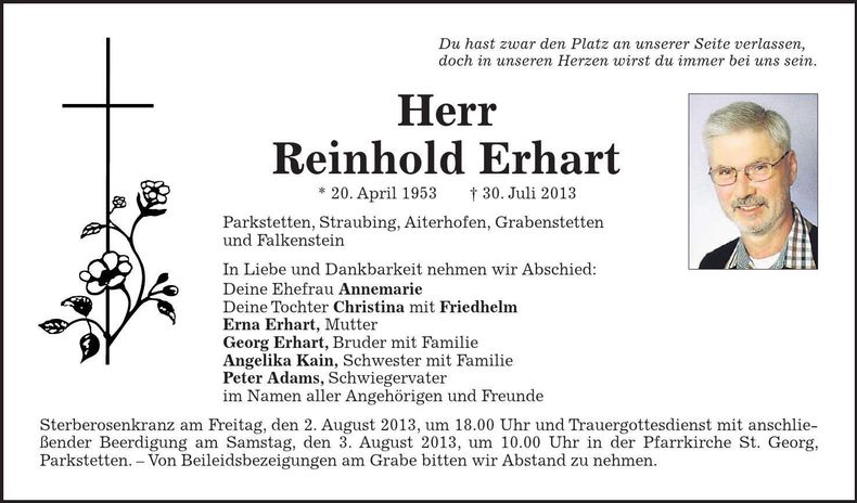 Traueranzeige Reinhold Erhart