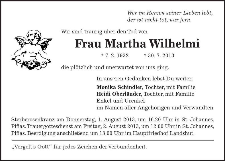 Traueranzeige Martha Wilhelmi