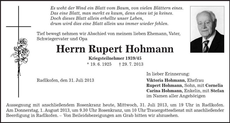 Traueranzeige Rupert Hohmann