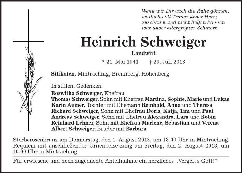 Traueranzeige Heinrich Schweiger
