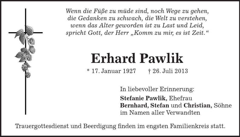Traueranzeige Erhard Pawlik