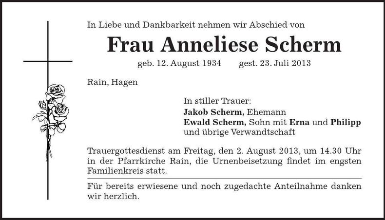 Traueranzeige Anneliese Scherm