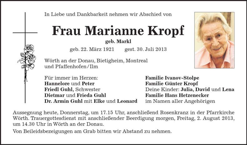 Traueranzeige Mariannw Kropf
