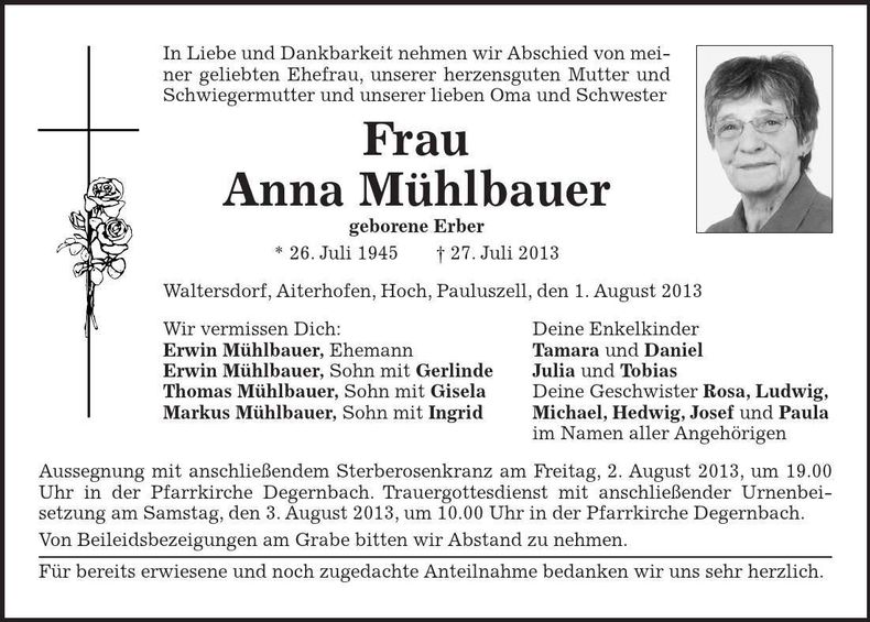 Traueranzeige Anna Mühlbauer