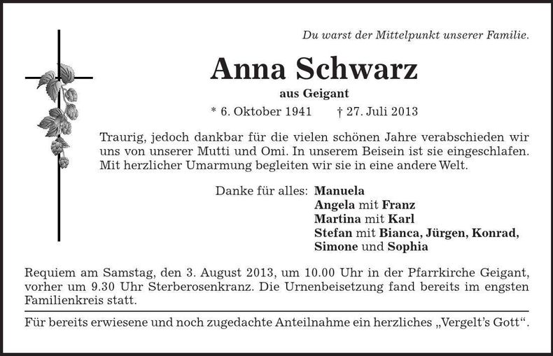 Traueranzeige Anna Schwarz