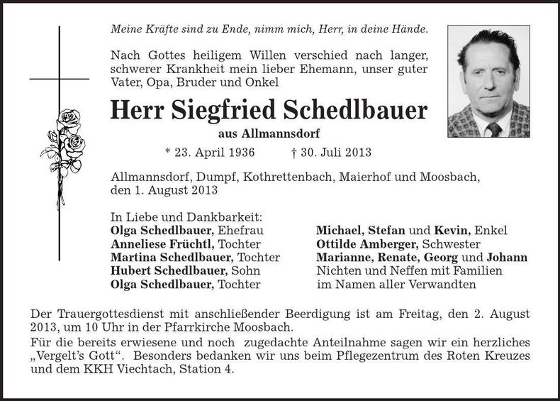 Traueranzeige Siegfried Schedlbauer