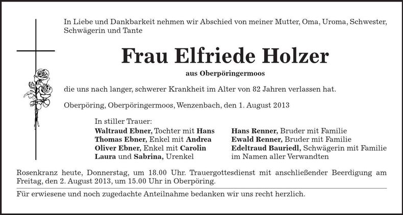 Traueranzeige Elfriede Holzer