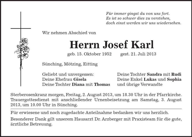 Traueranzeige Josef Karl