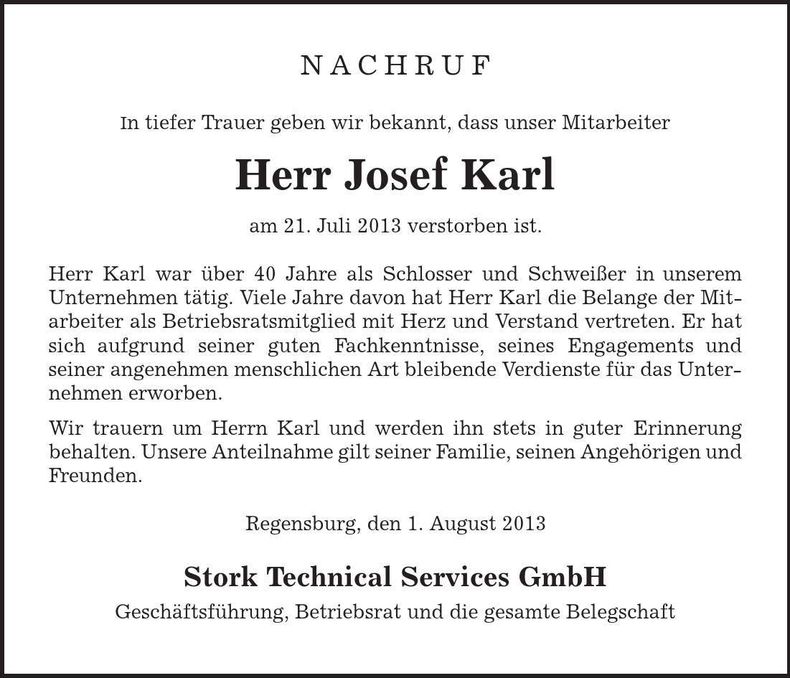 Traueranzeige Josef Karl
