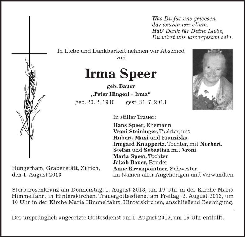 Traueranzeige Irma Speer