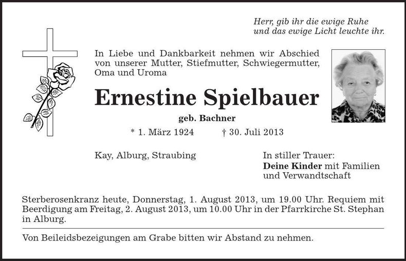 Traueranzeige Ernestine Spielbauer