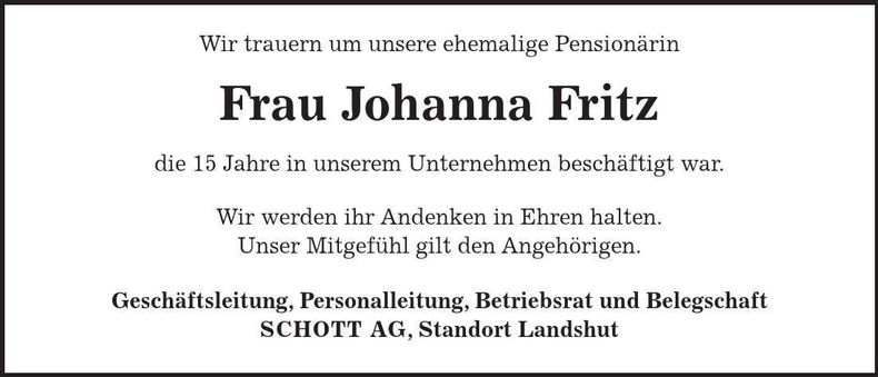 Traueranzeige Johanna Fritz