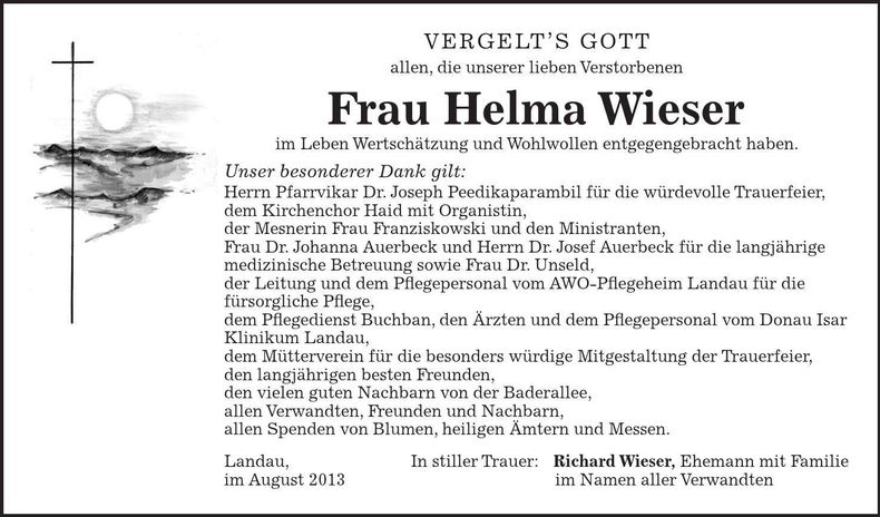 Traueranzeige Helma Wieser