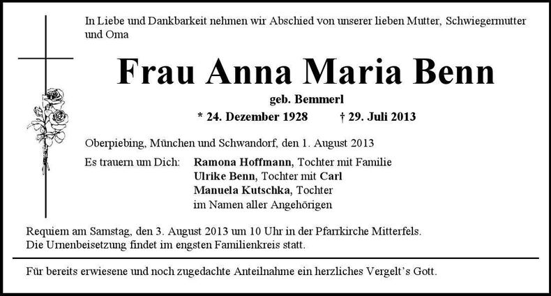Traueranzeige Anna Maria Benn