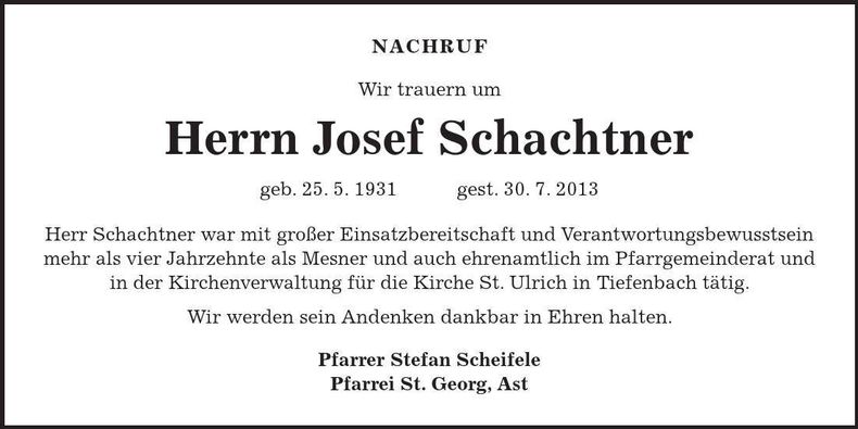 Traueranzeige Josef Schachtner