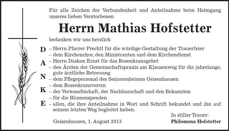 Traueranzeige Mathias Hofstetter