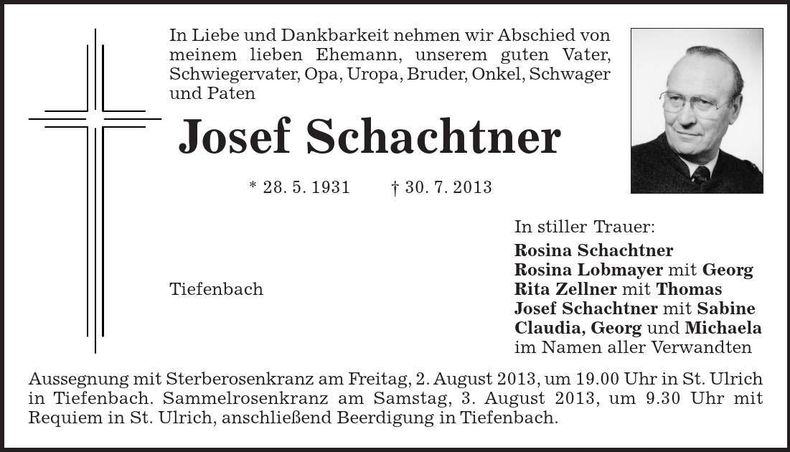Traueranzeige Josef Schachtner