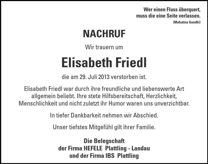 Traueranzeige Elisabeth Friedl