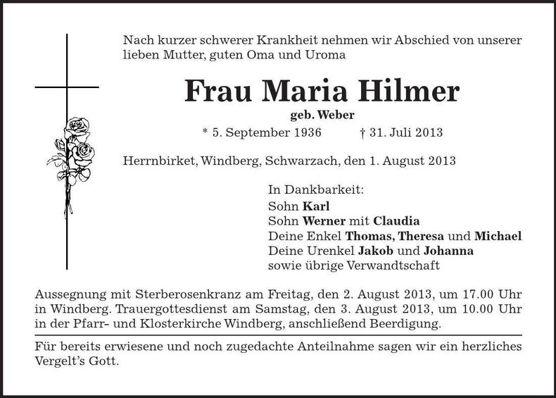 Traueranzeige Maria Hilmer