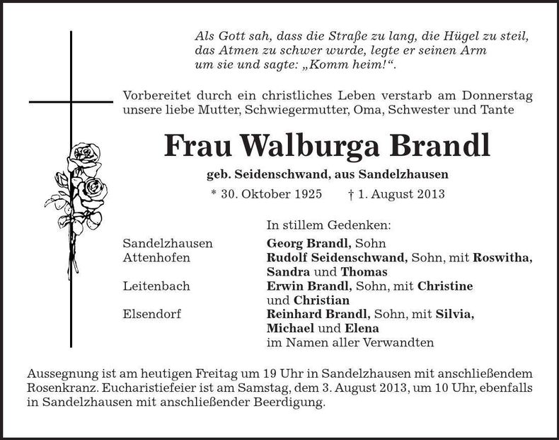 Traueranzeige Walburga Brandl