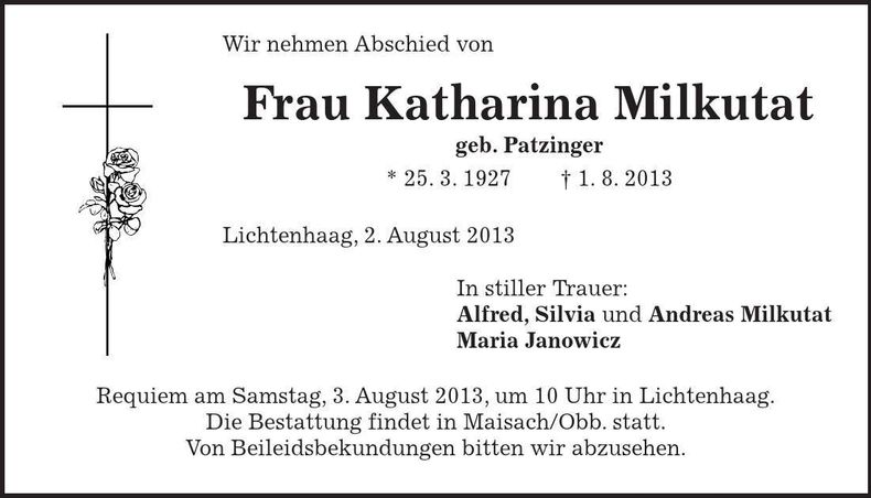 Traueranzeige Katharina Milkutat