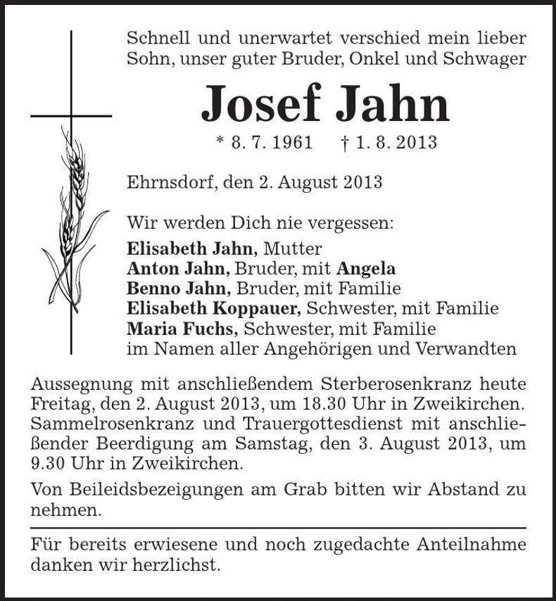 Traueranzeige Josef Jahn