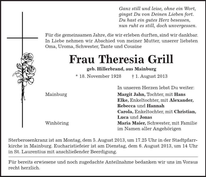 Traueranzeige Theresia Grill