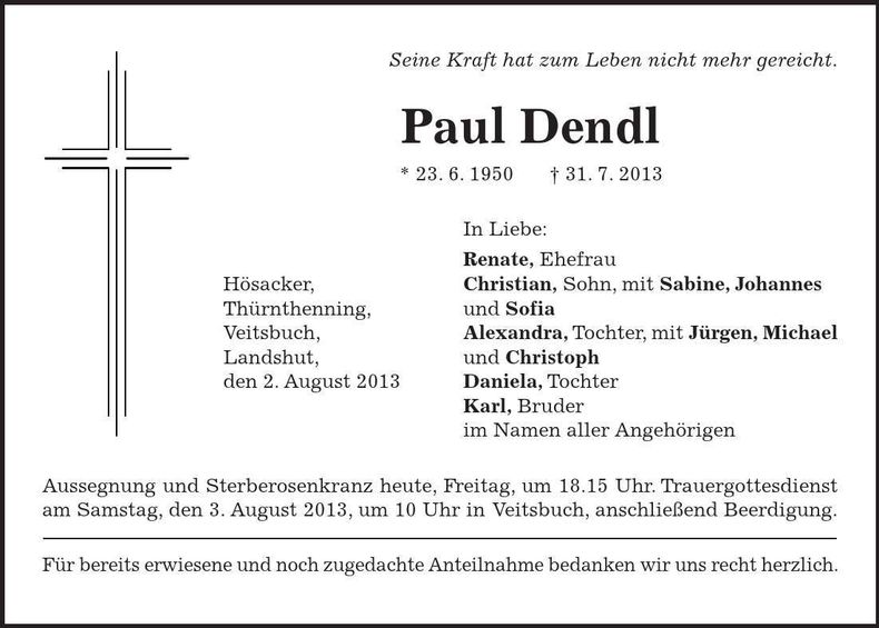 Traueranzeige Paul Dendl