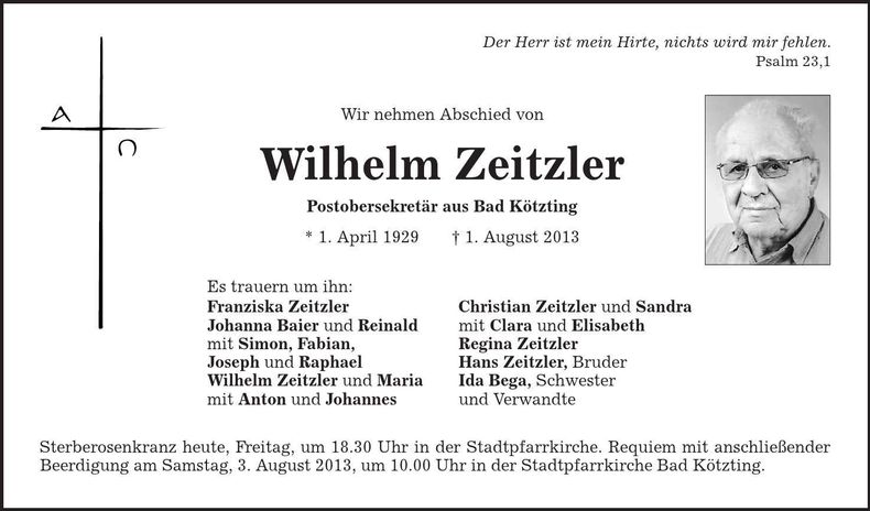 Traueranzeige Wilhelm Zeitzler
