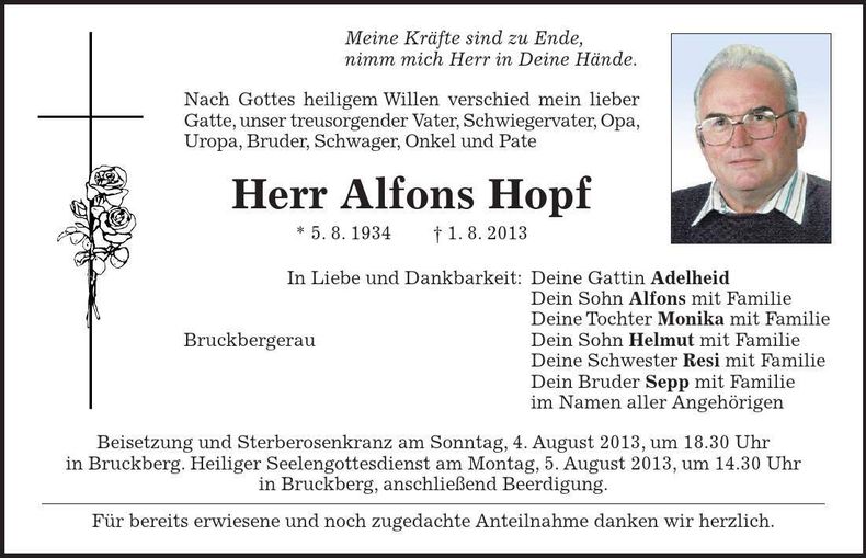 Traueranzeige Alfons Hopf