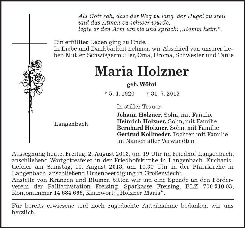 Traueranzeige Maria Holzner