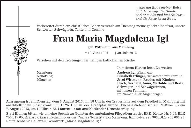 Traueranzeige Magdalena Igl