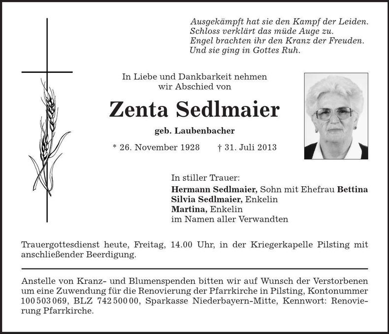 Traueranzeige Zenta Sedlmaier