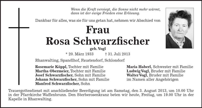 Traueranzeige Rosa Schwarzfischer