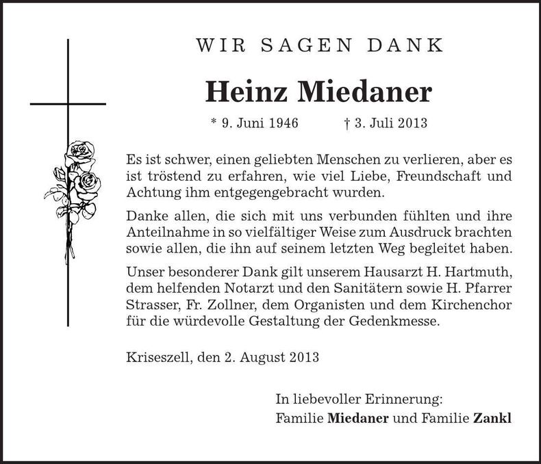 Traueranzeige Heinz Miedaner