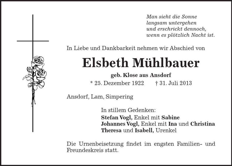 Traueranzeige Elsbeth Mühlbauer