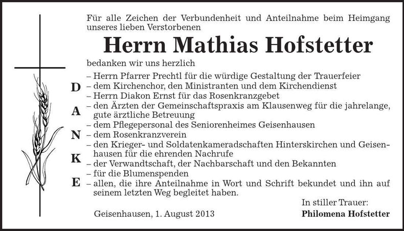 Traueranzeige Mathias Hofstetter