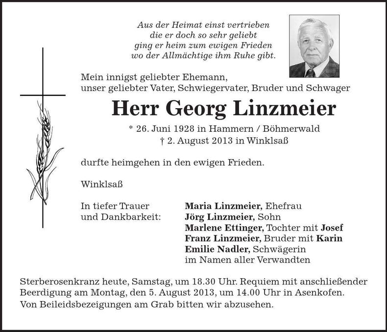 Traueranzeige Georg Linzmeier
