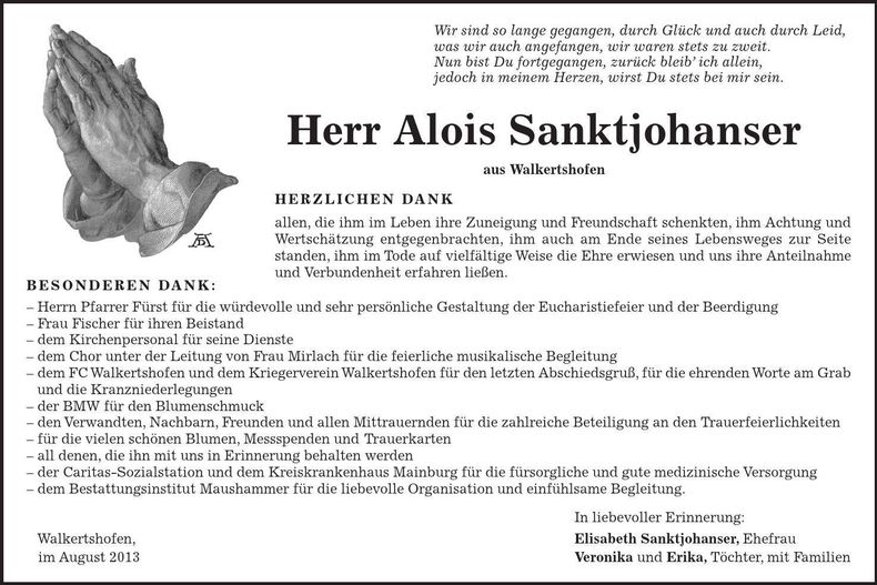 Traueranzeige Alois Sanktjohanser