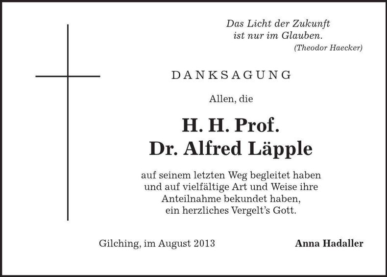 Traueranzeige H. H. Prof. Dr. Alfred Läpple Läpple