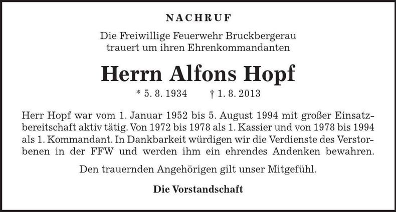 Traueranzeige Alfons Hopf