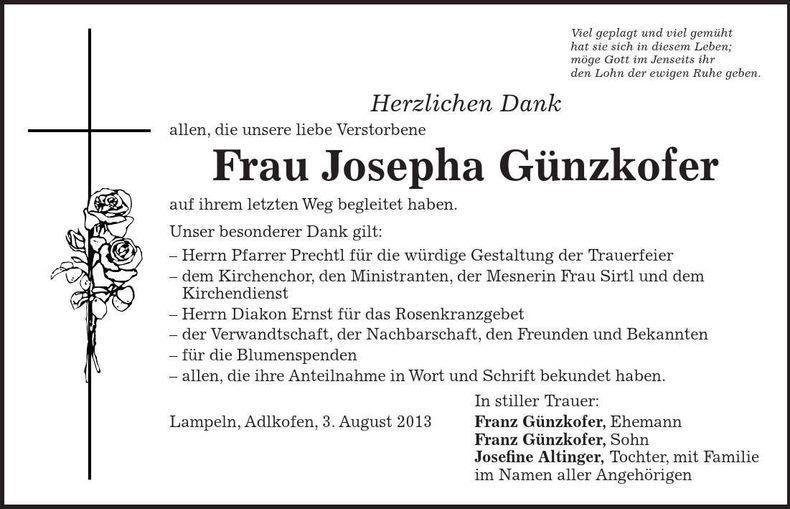 Traueranzeige Josepha Günzkofer