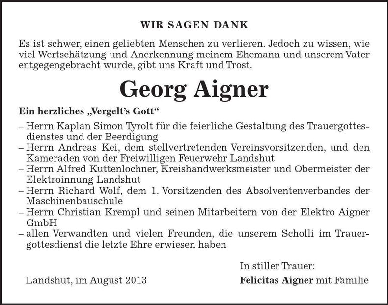 Traueranzeige Georg Aigner