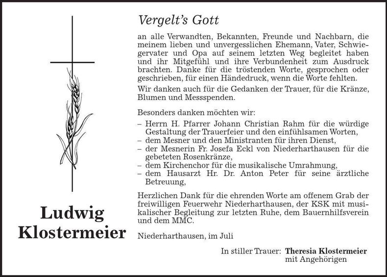 Traueranzeige Ludwig Klostermeier